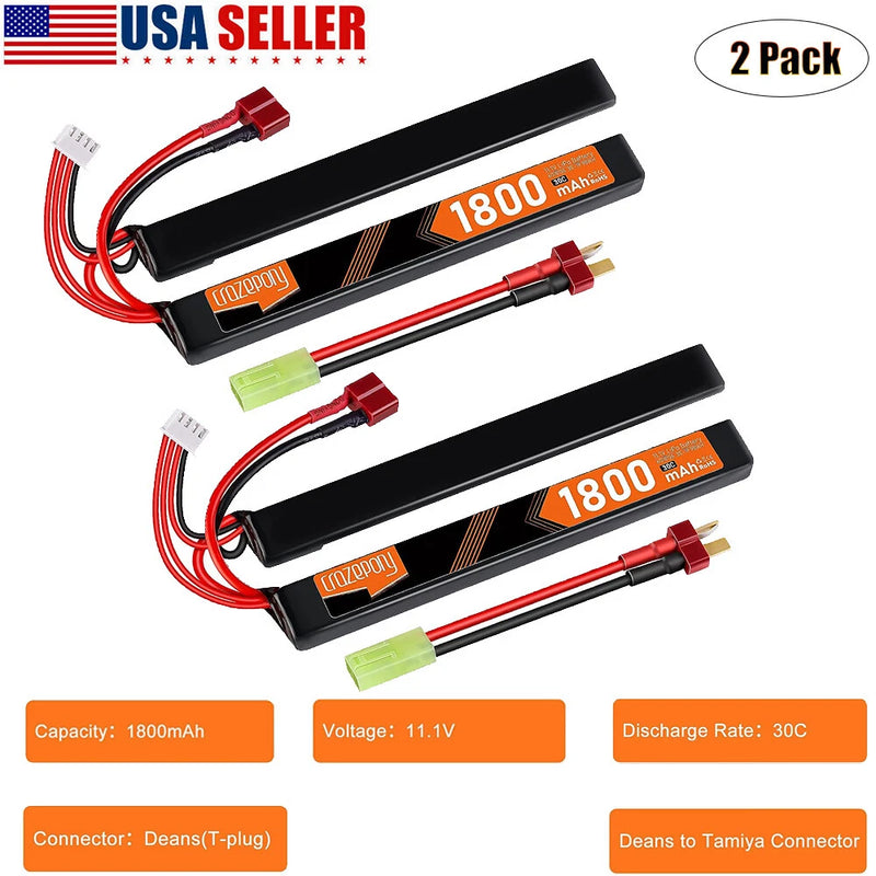 2Pcs Airsoft Nunchuck Battery 11.1V 3S LiPo 1800mAh 30C Deans T Plug to Tamiya