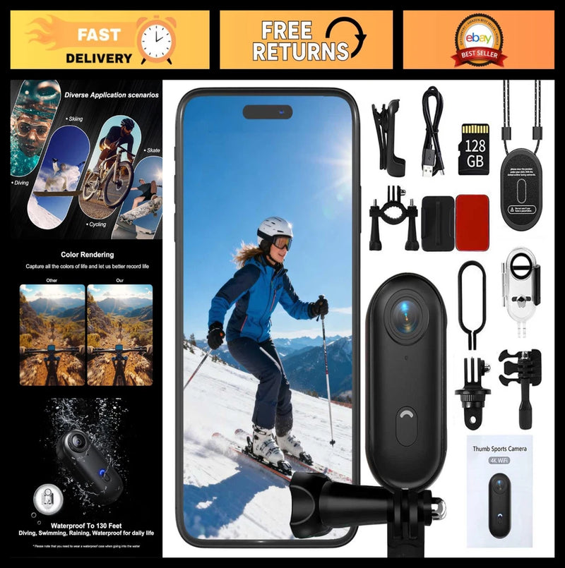 4K Mini Action Camera | 128GB Waterproof Sports Cam for Running, Cycling, Hiking
