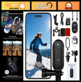 Black mini action camera with phone app, mounts, wrist strap, and 128GB card