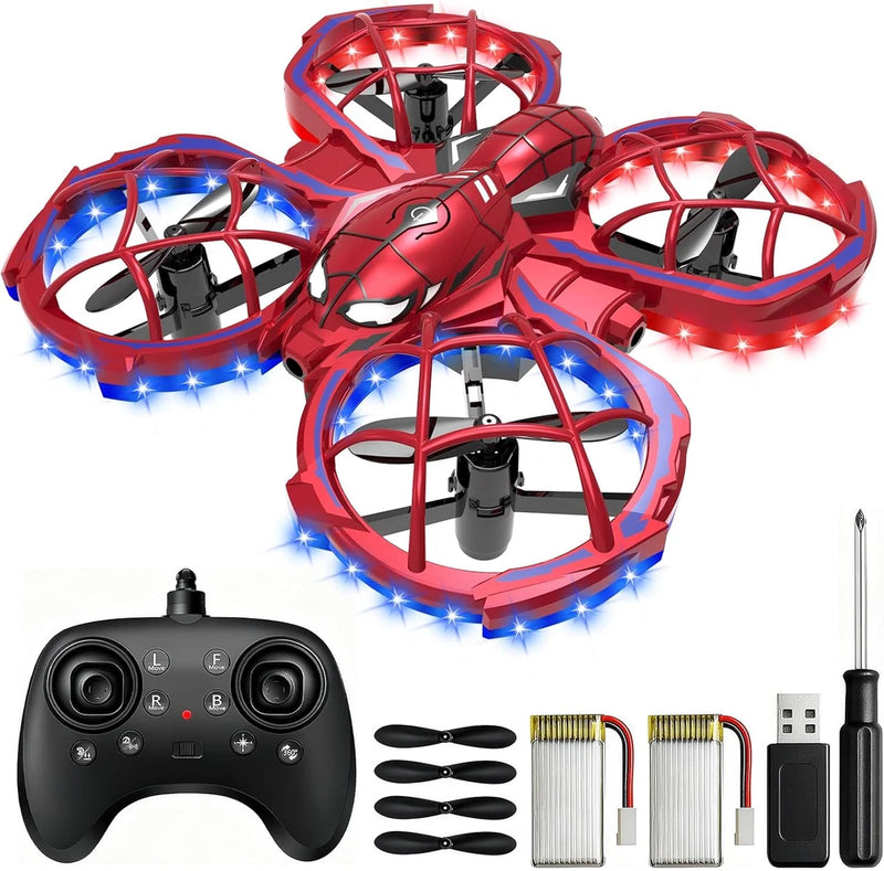 Red kids mini RC quadcopter with blue and white LED lights, plus remote controller