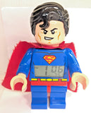 Superman alarm clock minifigure in blue suit with red cape; includes time display