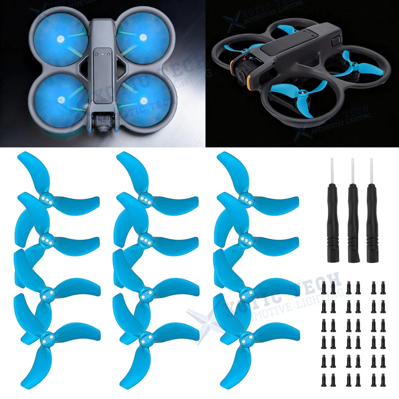 Blue 3-blade drone propellers and spare mounting screws, 12-piece set