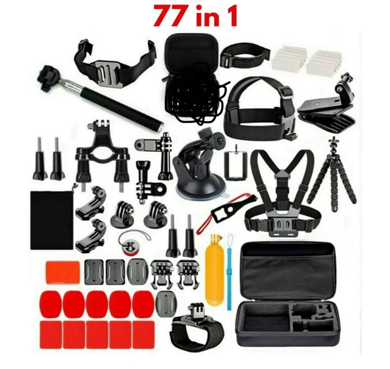 Action camera accessories kit with 77 parts, including mounts, head strap and carrying case