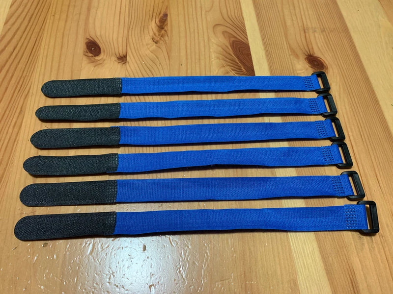 Rubberized battery straps, blue with black hook ends, 6-pack, 20mm x 200mm