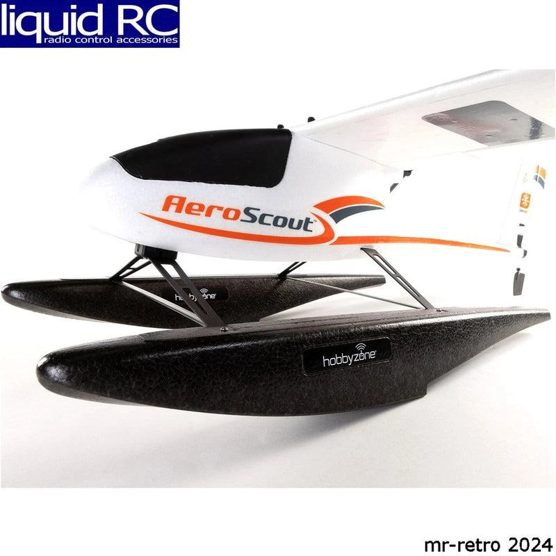 AeroScout 1.1m RC seaplane with white fuselage, orange stripe, and black floats
