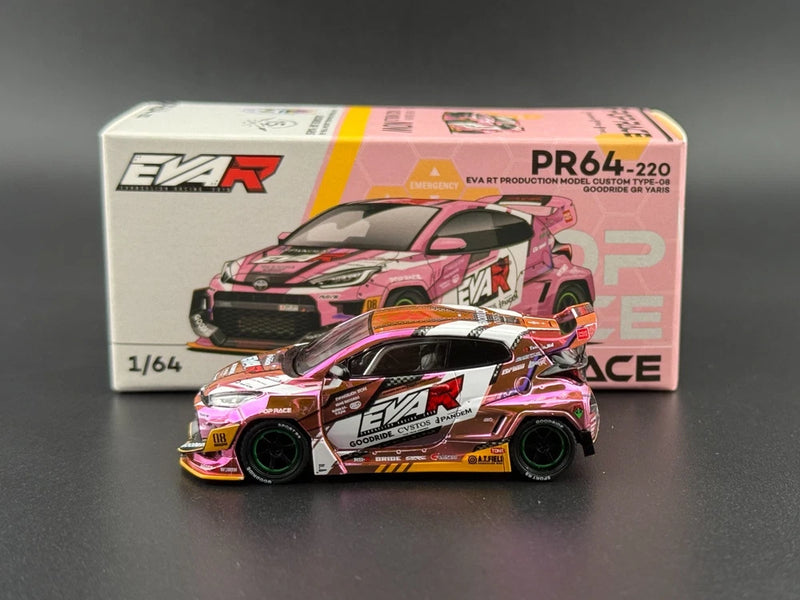 1/64 scale pink and white race car model with EVAR branding and decals, front view