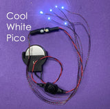Six cool white pico LED dollhouse kit with round LED module, wiring, battery holder, switch