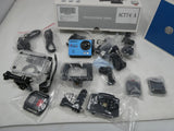 Campark ACT74 16MP action camera kit with blue camera and mounting accessories in clear bags