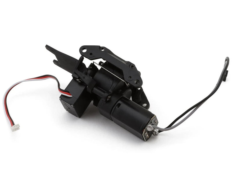 Black RC center transmission assembly with servo and brushed motor, wiring harness