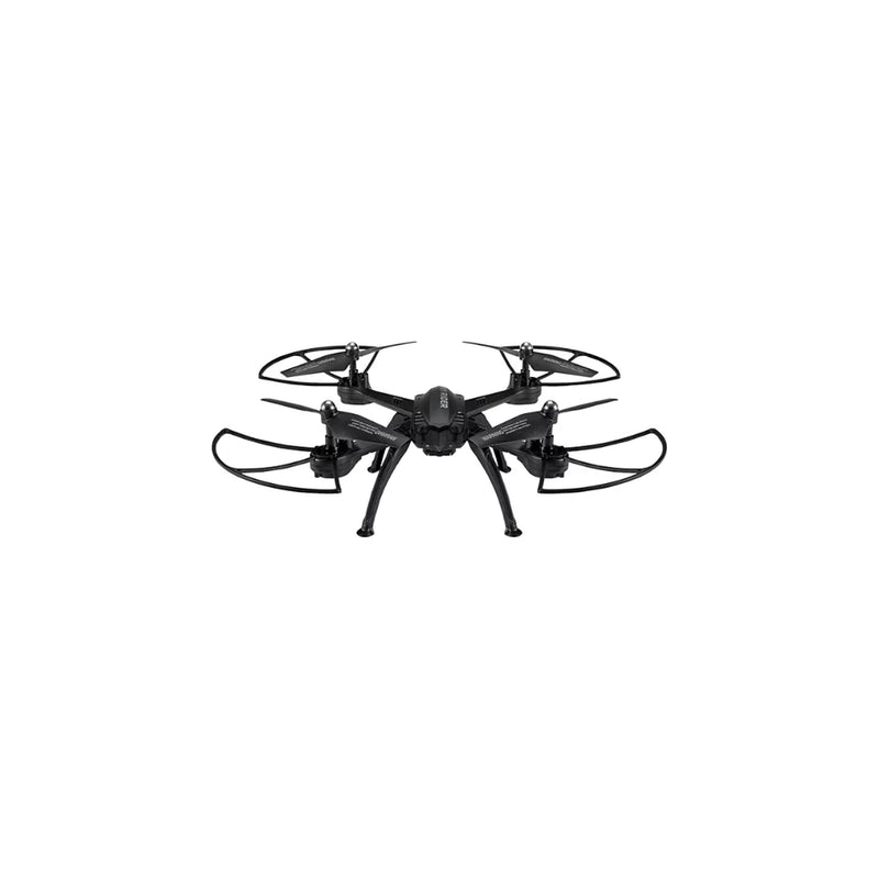 Black quadcopter drone with four propellers and central camera module