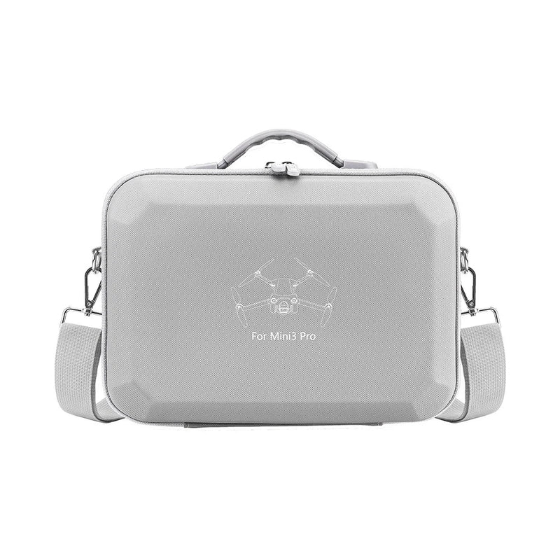 Hard-shell drone storage bag with carry handle and shoulder strap, light gray