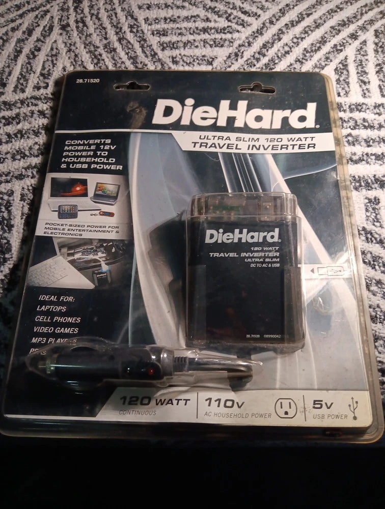 DieHard ultra slim travel inverter in retail packaging, DC to AC with USB power