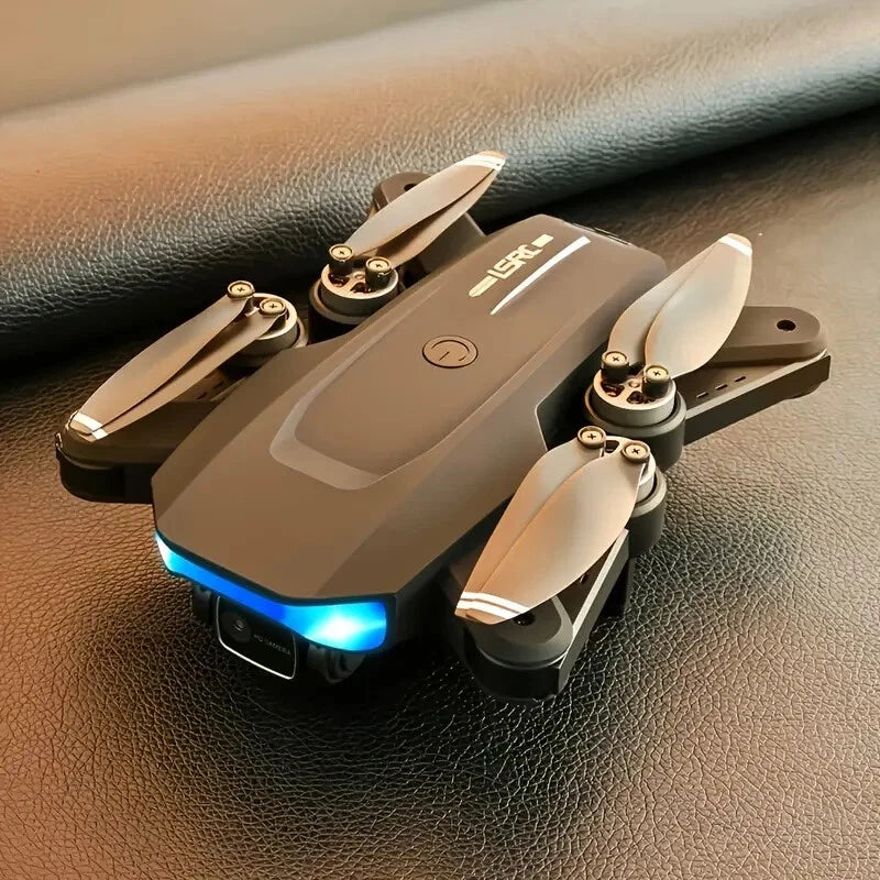 Foldable GPS drone with front camera, four propellers, and blue LED light (gray)