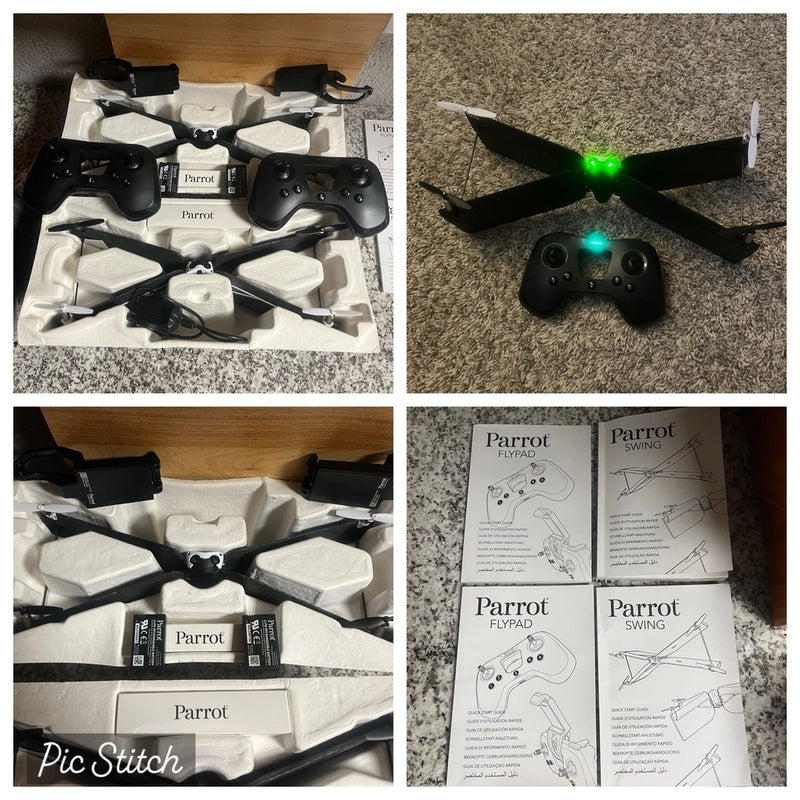 Black mini quadcopter drone with controller and instruction manuals