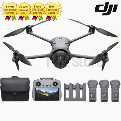 Camera drone with four propellers, controller, and extra batteries