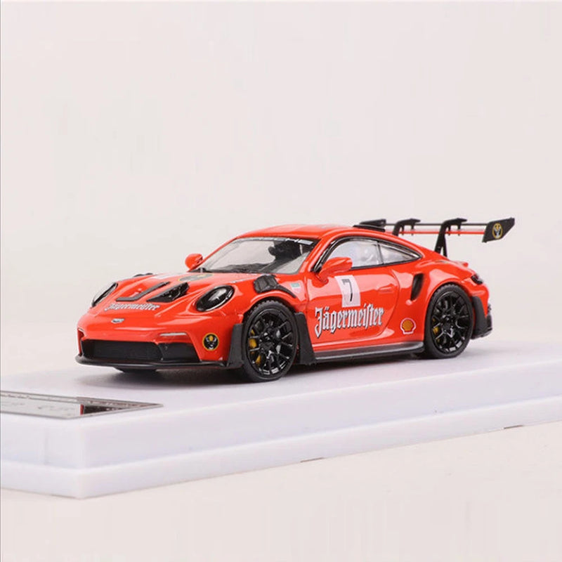 1:64 orange 911 GT3 RS die-cast model car, black stripes, rear wing, detailed decals