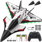 DEERC RC fighter jet with green LED lights, remote control, and propeller set