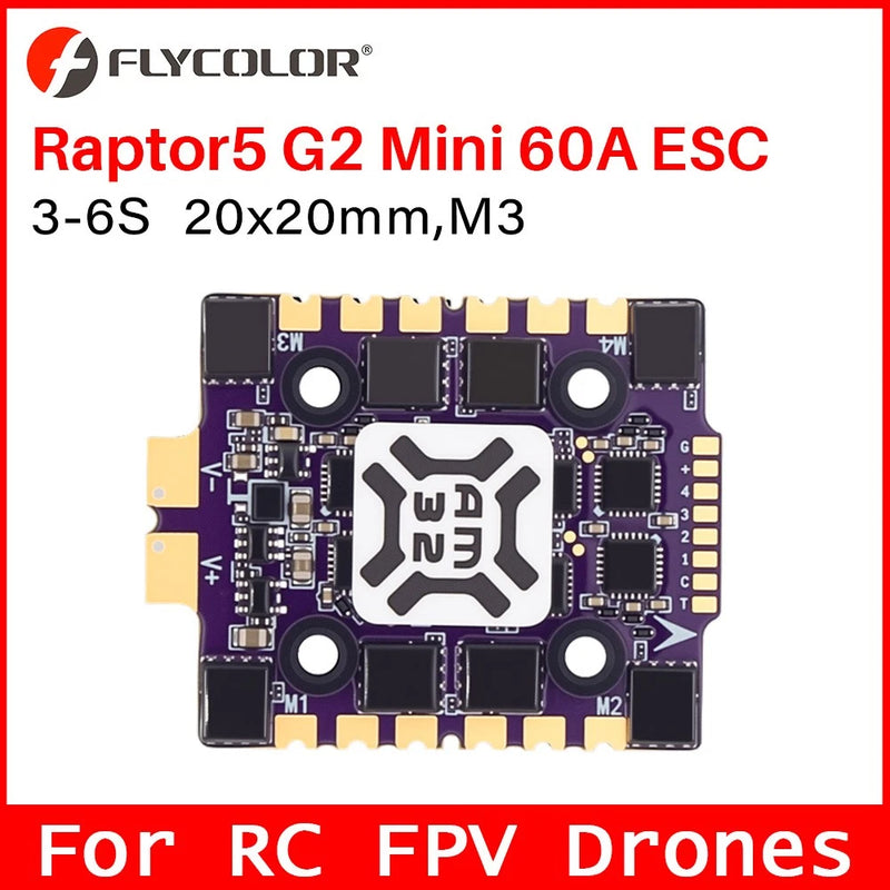 Flycolor RC 60A ESC Raptor5 G2 Mini AM32 3-6S Lipo 20x20mm M3 For RC FPV Drones