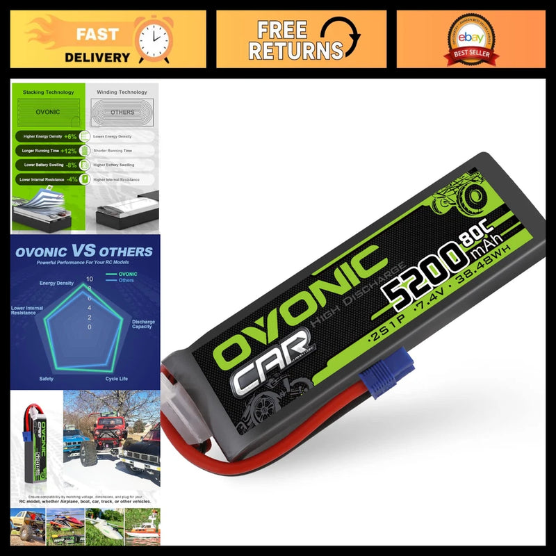 7.4V 2S Lipo Battery 5200mAh 80C Hard Case EC3 Plug for RC Cars, Buggies, Drones Battery