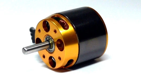 RC outrunner brushless motor with gold faceplate and silver shaft, black cylindrical housing