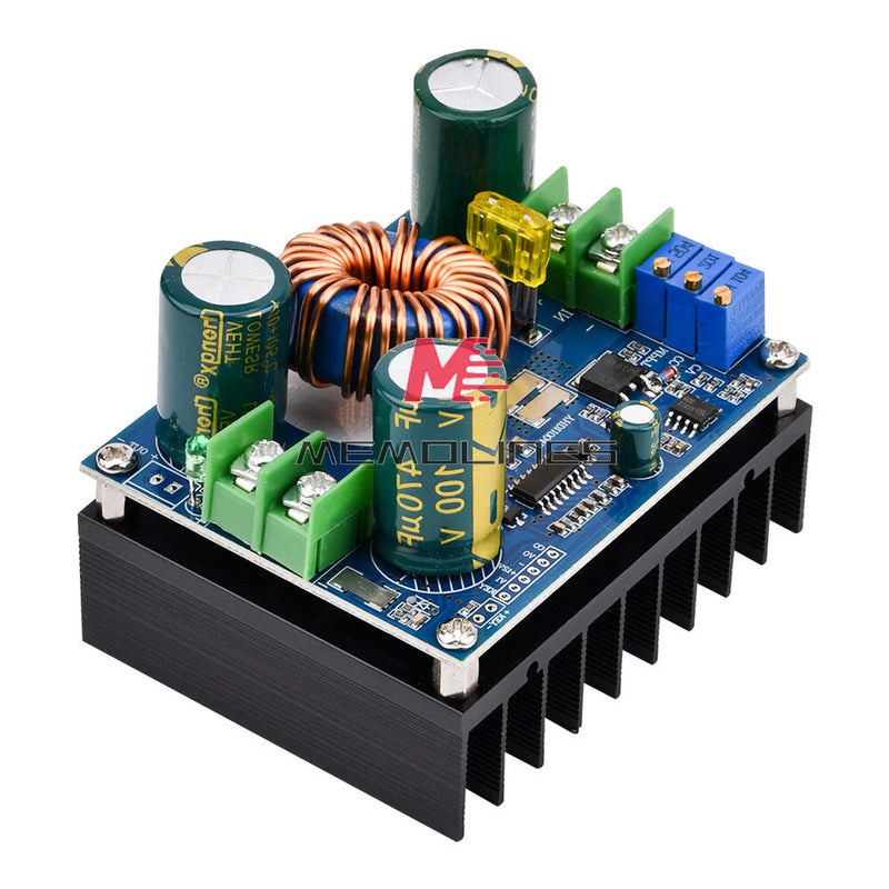 Solar MPPT boost module circuit board with copper inductor, terminals, and heatsink fins