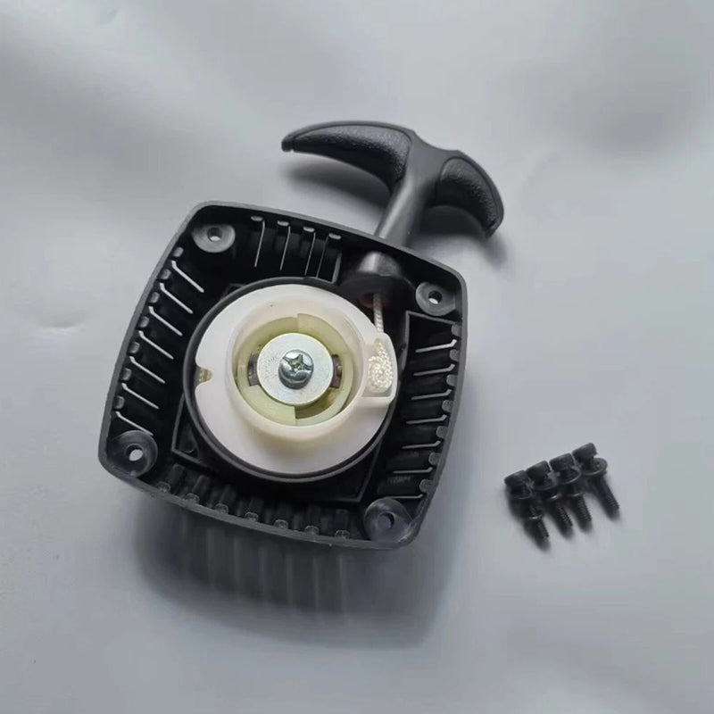 Pull start recoil starter assembly with black housing and white rope pulley