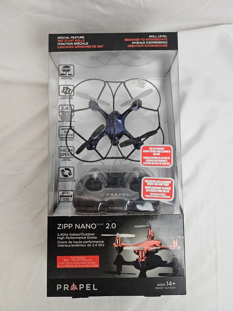Propel Zipp Nano 2.0 2.4GHz toy drone with four propellers, shown in retail box