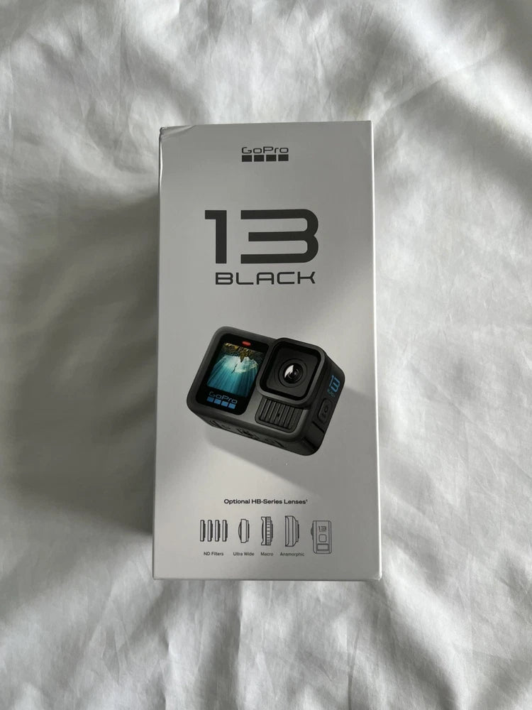 GoPro HERO13 Black action camera retail box with camera image and 13 branding