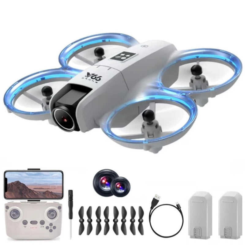 Small white drone with dual cameras and blue propeller guards