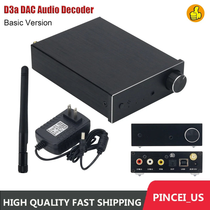 Black audio decoder DAC box with volume knob, antenna and port panel