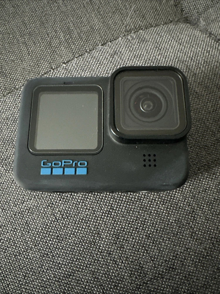 Black GoPro action camera with front lens and small front LCD screen