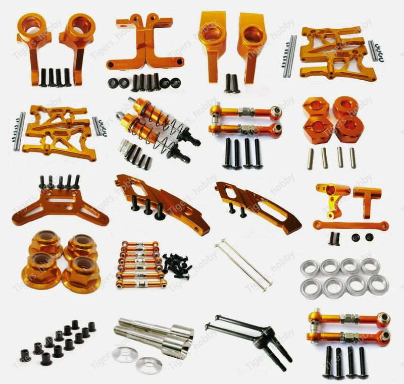 Orange aluminum alloy RC car upgrade parts set with screws and hardware