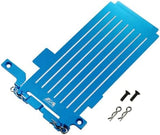 Blue plastic battery cover plate with mounting tabs, screws and metal clips