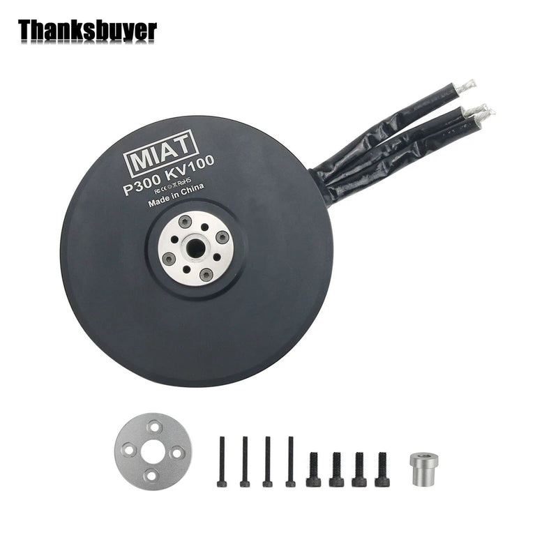 Brushless drone motor kit with black circular housing, wires, screws, and mounting plate