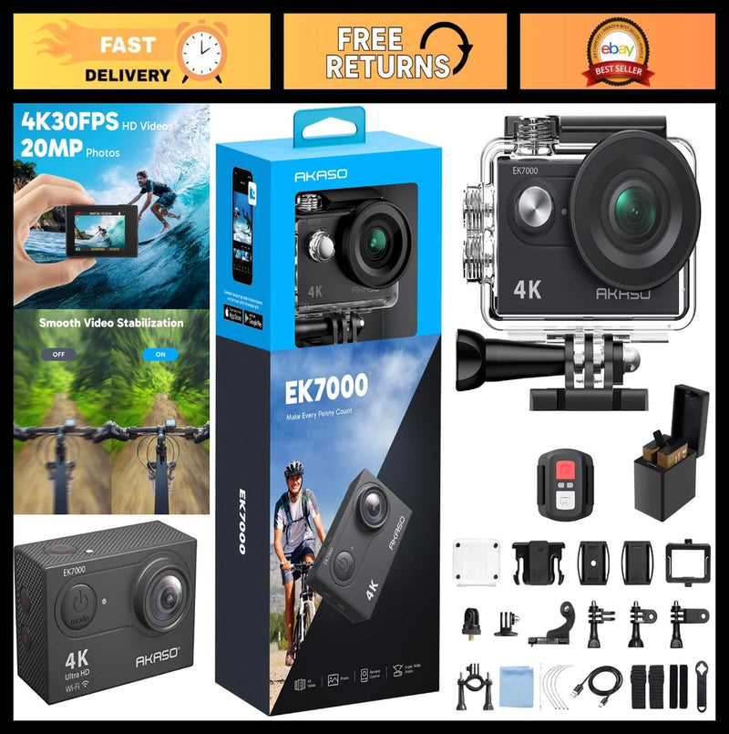 4K Ultra HD Action Camera, 20MP, WiFi, EIS, Waterproof 131FT, Remote Control, 4X