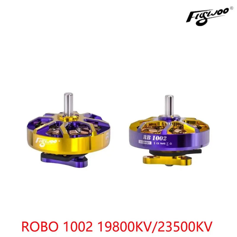 Flywoo micro FPV drone motor, purple and gold circular body with dual shafts