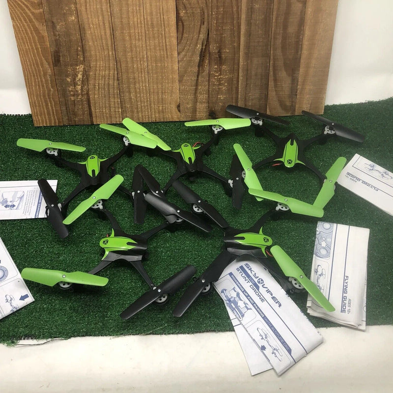 Lot of 5 green quad stunt drones for parts or repair, untested