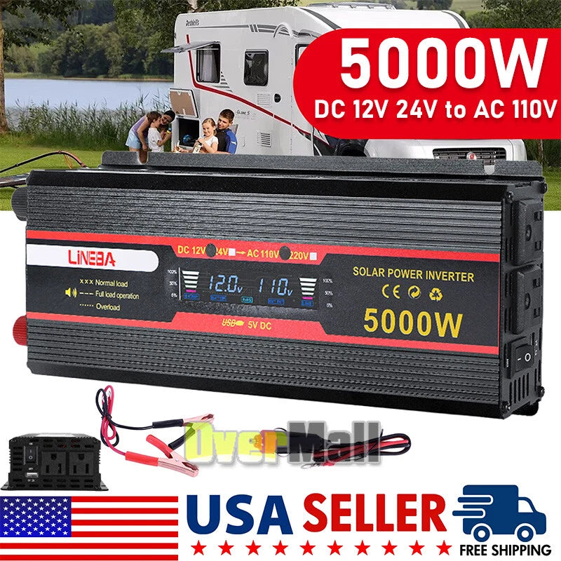 5000W Caravan Van Converter Power Inverter DC 12/24V To AC 110V LCD 2 Socket USB