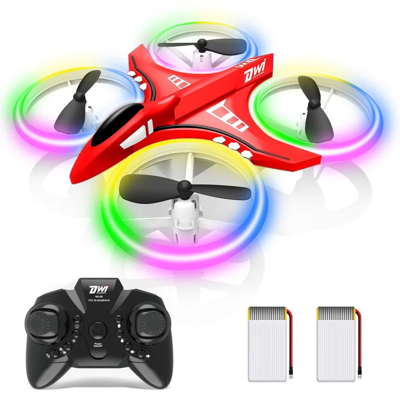 Red mini quadcopter drone with four propellers and colorful LED rings, plus black controller