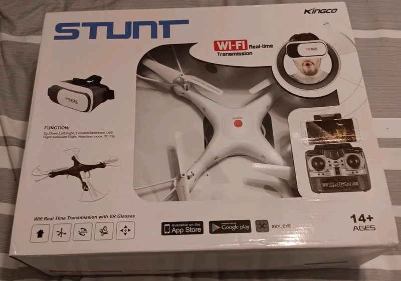 VR stunt drone kit box showing drone and VR goggles, Wi‑Fi real-time transmission