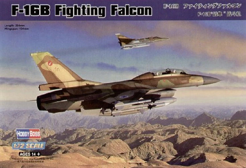 Hobbyboss F-16B Fighting Falcon 1/72 model kit, fighter jet in flight on box art