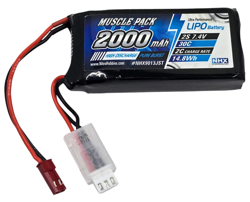 RC LiPo battery pack with JST connector, 2S 7.4V 2000mAh, black/red wires
