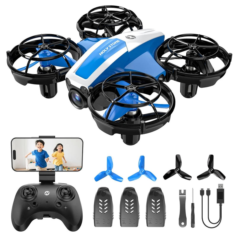 Small camera drone with white and blue body, four propellers, controller and spare parts