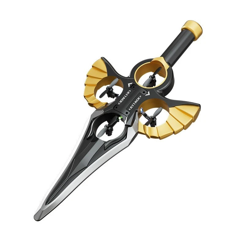 Sword RC flying drone toy with four propellers, black and gold body