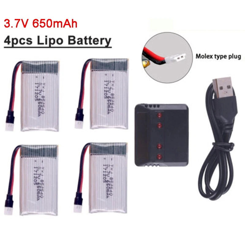 4x 650mAh 3.7V Lipo Battery+Charger For Syma X5C X5SC X5SW RC Drone Quadcopter Battery