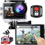 Waterproof 4K action camera with clear housing and LCD screen, plus black Wi‑Fi remote