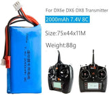 RC transmitter battery pack with blue 7.4V 2000mAh Li-ion and JST plug, wired leads