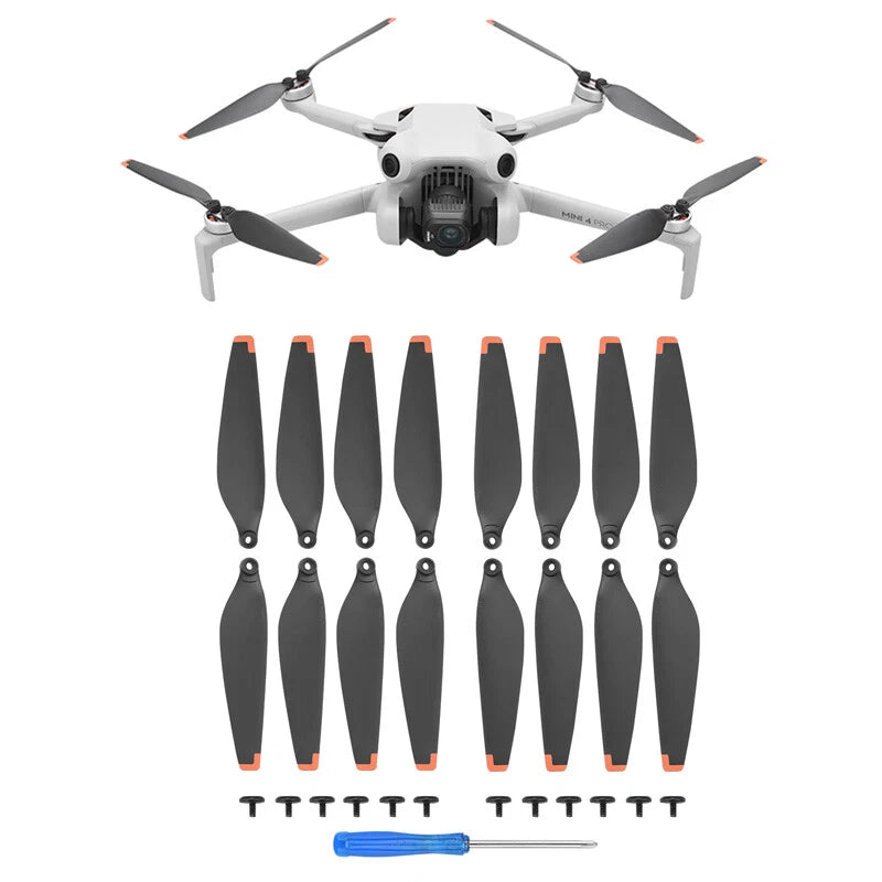 DJI Mini 4 Pro low-noise propeller blade set with screws and tools