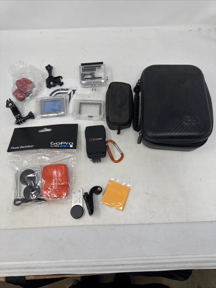 GoPro Hero camera waterproof case with mounts, protection covers, and accessory parts