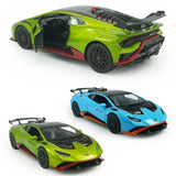 Diecast sports car model toy in neon green and blue with black wheels, pull-back.
